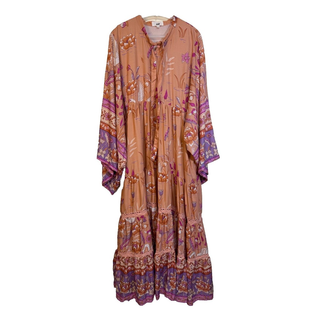 Jaase Size Small Dress Tiered Maxi Peach Floral Cottagecore Peasant Flowy